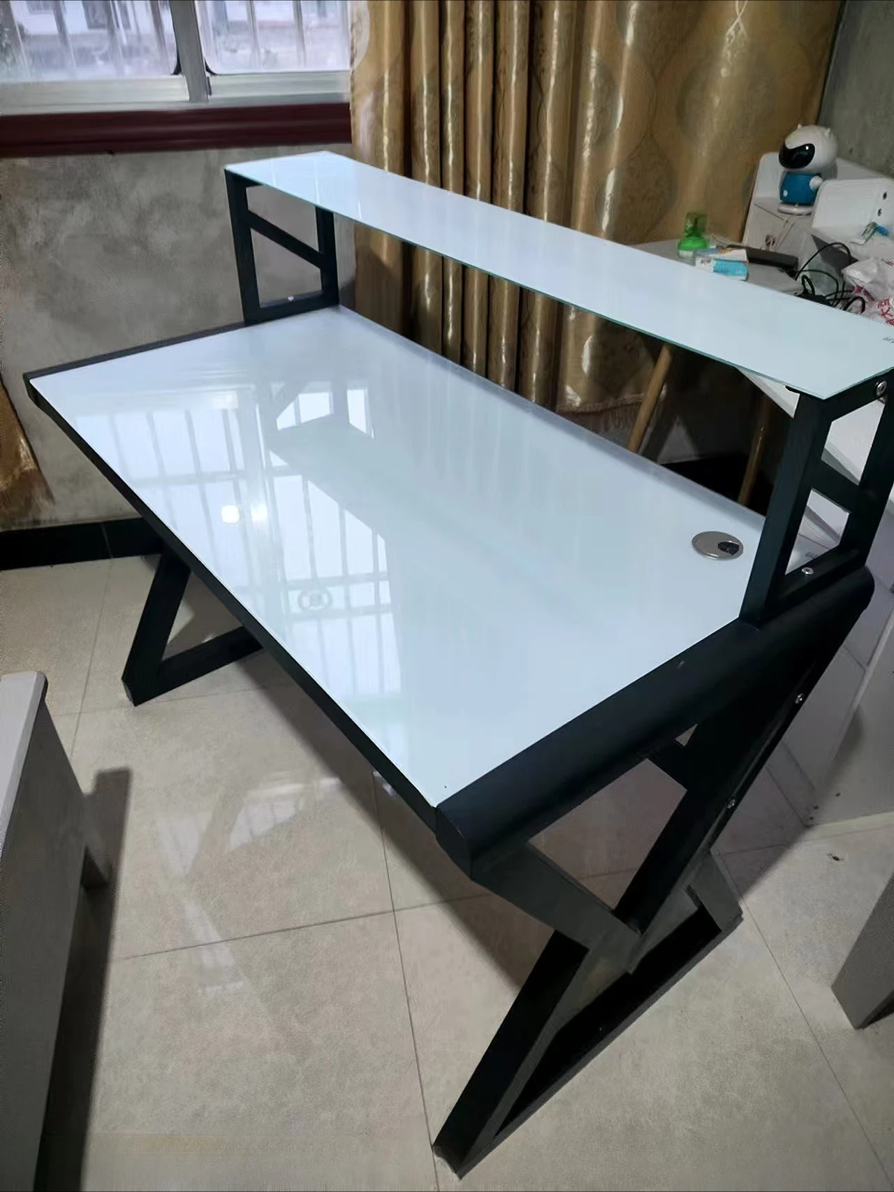 Modern Computer Desk for Home Office,  Glass Top Desk with Metal Frame Stable Workstation for PC Gaming Setup  Office Furniture