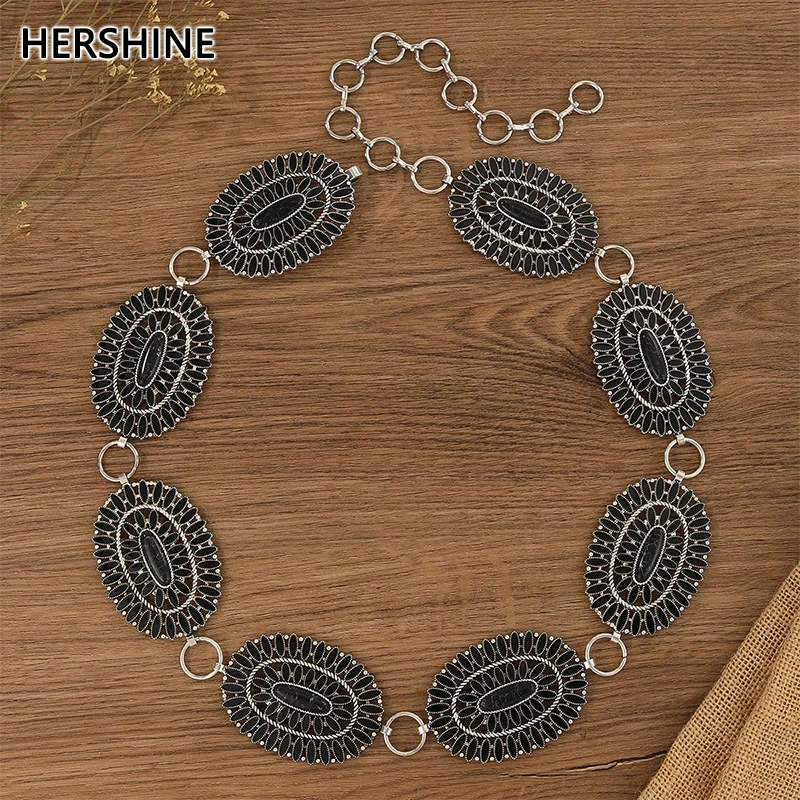 

HERSHINE Женская черная модная овальная поясная цепочка со стразами, богемный, западный, винтажный и элегантный аксессуар, весна, лето