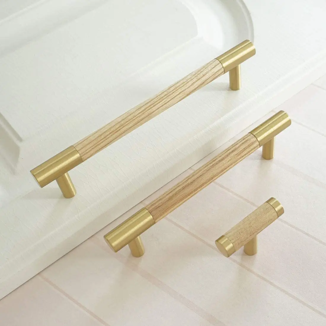 Solid Brass + Beech Cabinet Handles Wooden Dresser Wardrobe Pulls T Bar Door Knobs Minimalism Furniture Handle Hardware