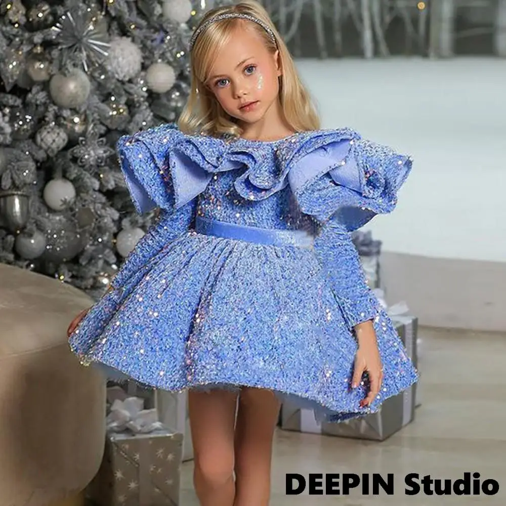 

2023 New Blue Glitter Illusion Girl Party Dresses Elegant Fluffy Girl Princess Dress Shiny luxurious Birthday Wedding Dress Girl