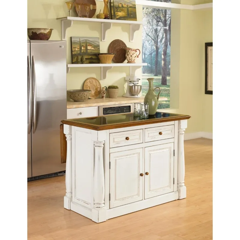 Isola da cucina Monarch White con piano in rovere invecchiato, inserto superiore in granito nero, legno duro, Bar per la colazione, due cassetti