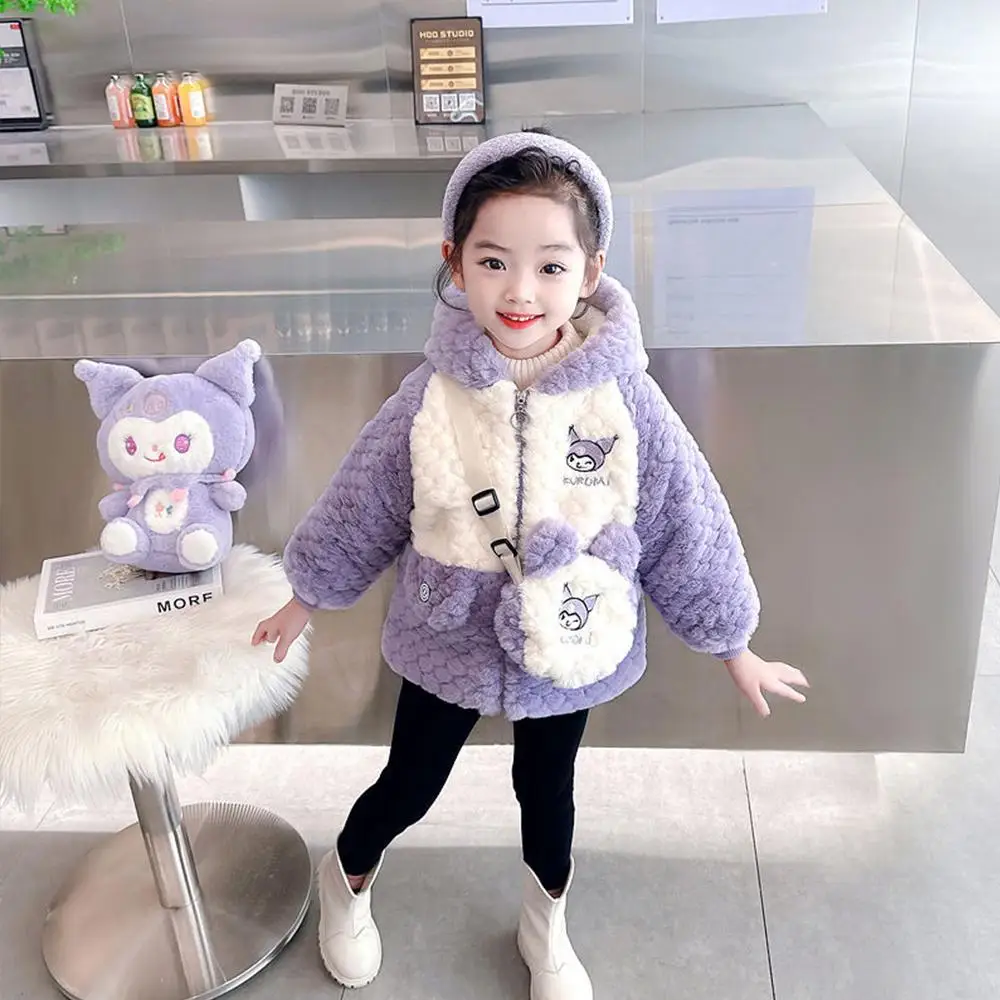 Kawaii Sanrio Anime Kuromi Korean Autumn Winter Kids Girls Cartoon Outdoors Jacket Plush Coat Warm Lambswool Fashion Overcoat