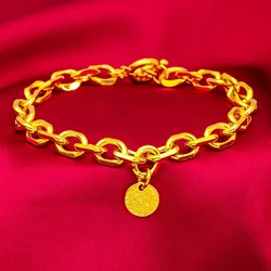 Luxury 18 KT O Link Bracelet for Women Pure Gold Color Circular Pendant Bracelet Matte Wedding Anniversary Fine Jewelry Gifts