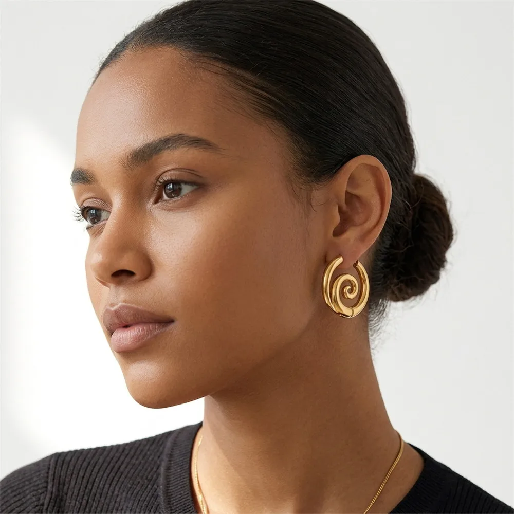 Stainless Steel Spiral Threaded Hoop Earrings Unusual Anti Allergic Waterproof 18K Gold Plated Delicate Earring Charm Jewelry