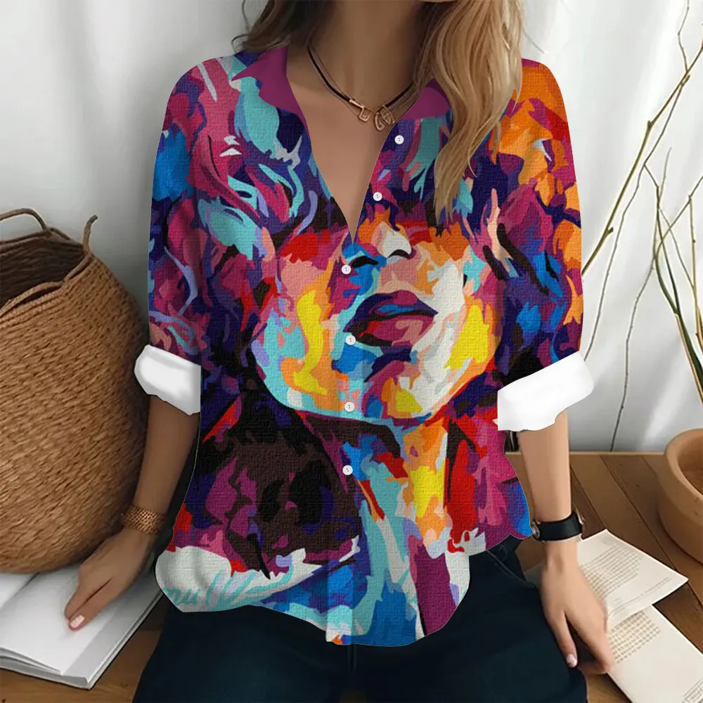 Women's Long Sleeve Shirt Fashion Figure Print Autumn Fashion T-shirt Loose Button Fashion Top Women's Long Sleeve T-shirt