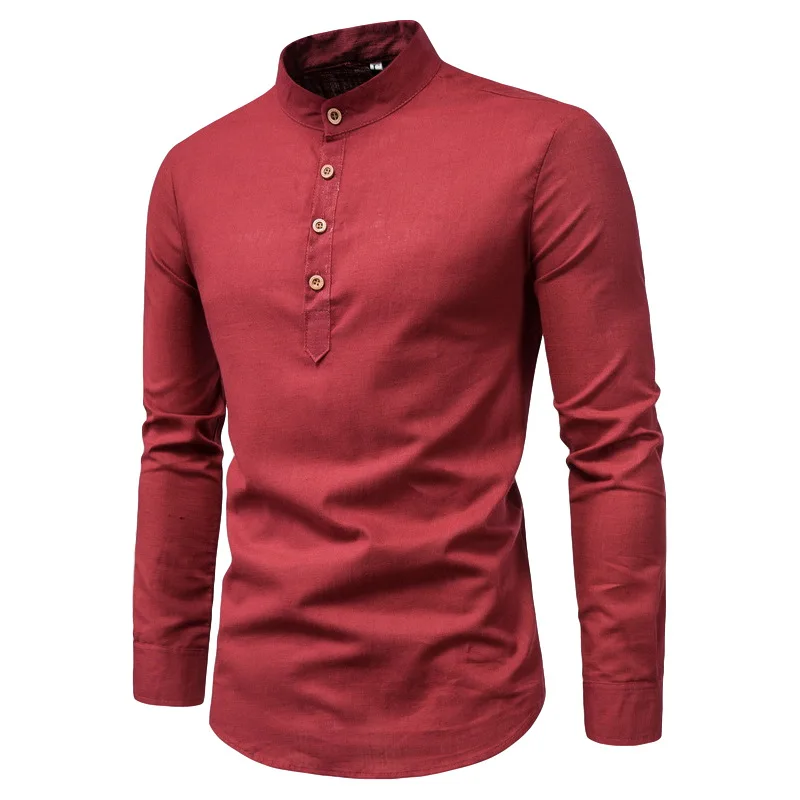 

Spring and Autumn Men's Shirt Fashion Slim Solid Color Long Sleeve Business Standing Collar Cotton Linen Half-open Men's Shirt