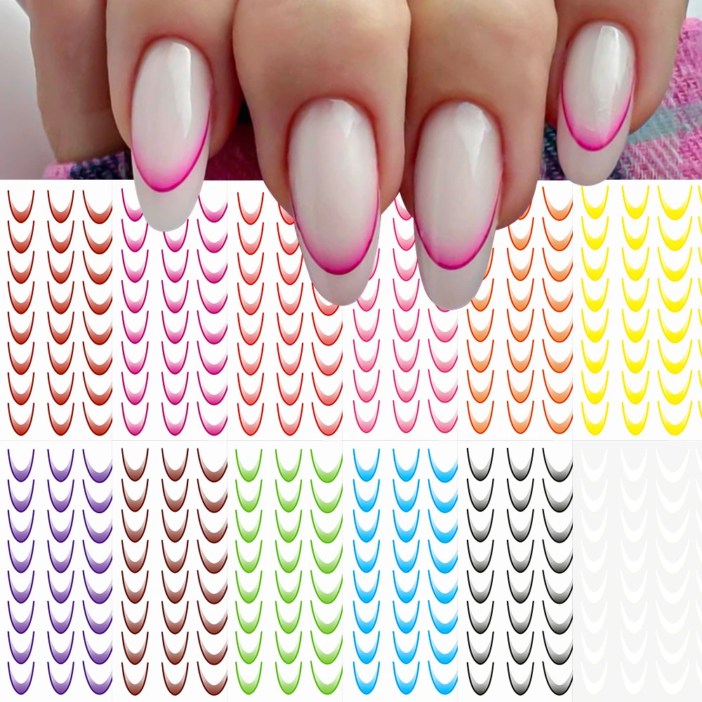 8/9/12/18Pcs 3D French Gradient Nail Art Stickers Thin Colored Black White Line Press On Nails Decals Manicure Decorations DIY *