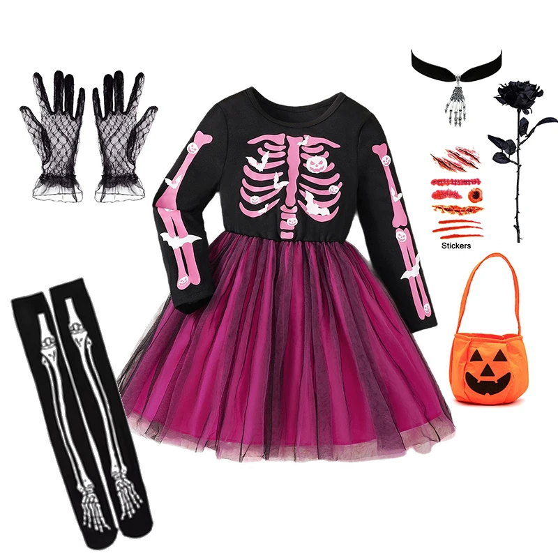 Girls Long‑Sleeve Skeleton Halloween Dress Pink Bone Print Tulle Skirt for Kids Carnival Party Cosplay Fancy Dress‑Up Outfit