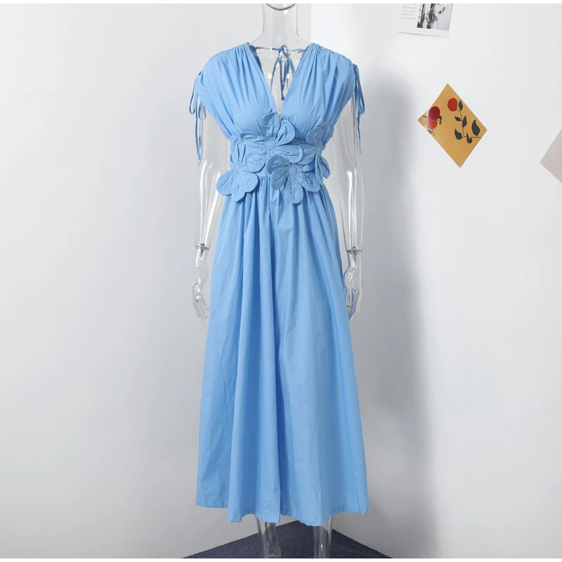 Elegant 3D Flower Solid Pleated Long Dress Women Chic V Neck Short Sleeved Drawstring Lace Up Robes Summer Lady Fashion Dresses