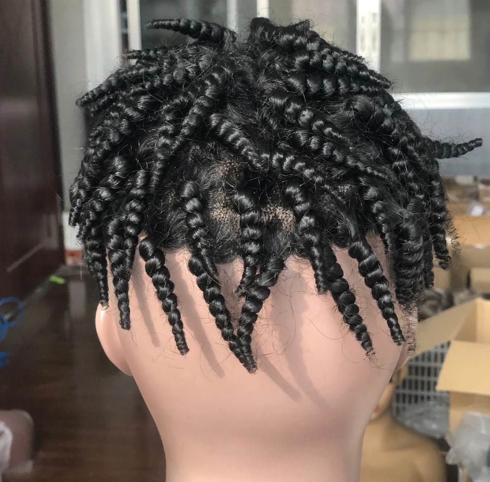 Rambut palsu untuk pria keriting kepang Mono rambut palsu dasar 1B warna hitam rambut palsu untuk pria hitam wig pengganti potongan rambut 10x8