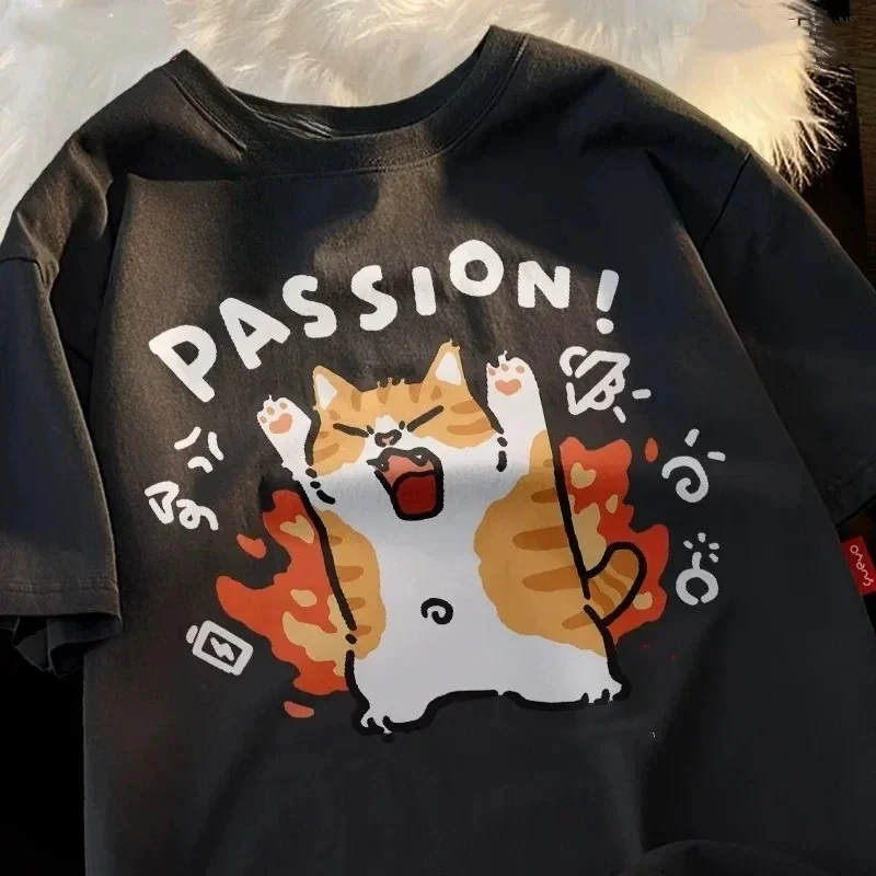 

Японская модная футболка с принтом кошки для пар, женская уличная одежда, эстетичные повседневные топы