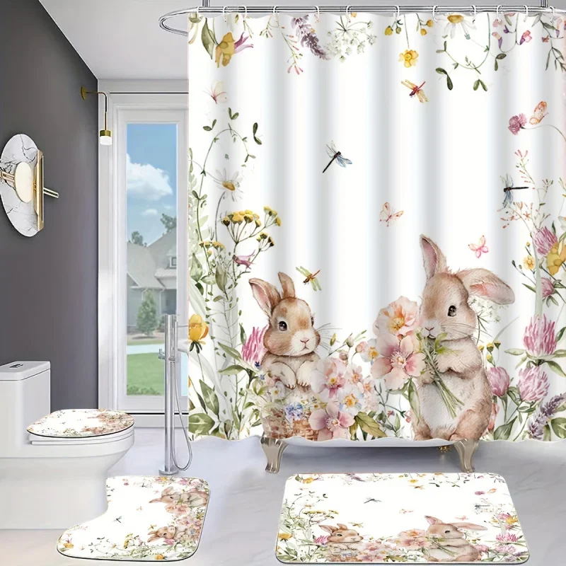 

Набор занавесок для душа с цветком кролика и 12 бесплатными крючками: включает водонепроницаемую занавеску, нескользящий коврик для ванной, чехол на сиденье унитаза, коврик для ванной