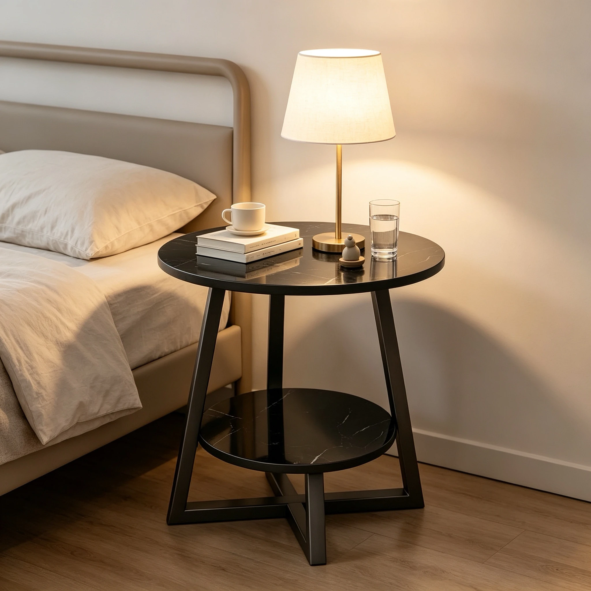 Two-Tier Round End Table, Waterproof Easy-Clean Tabletop with Stable Geometric Metal Frame, Modern Accent Side Table for Living Room, Sofa Side, Bedroom, Small Apartment Home Decor