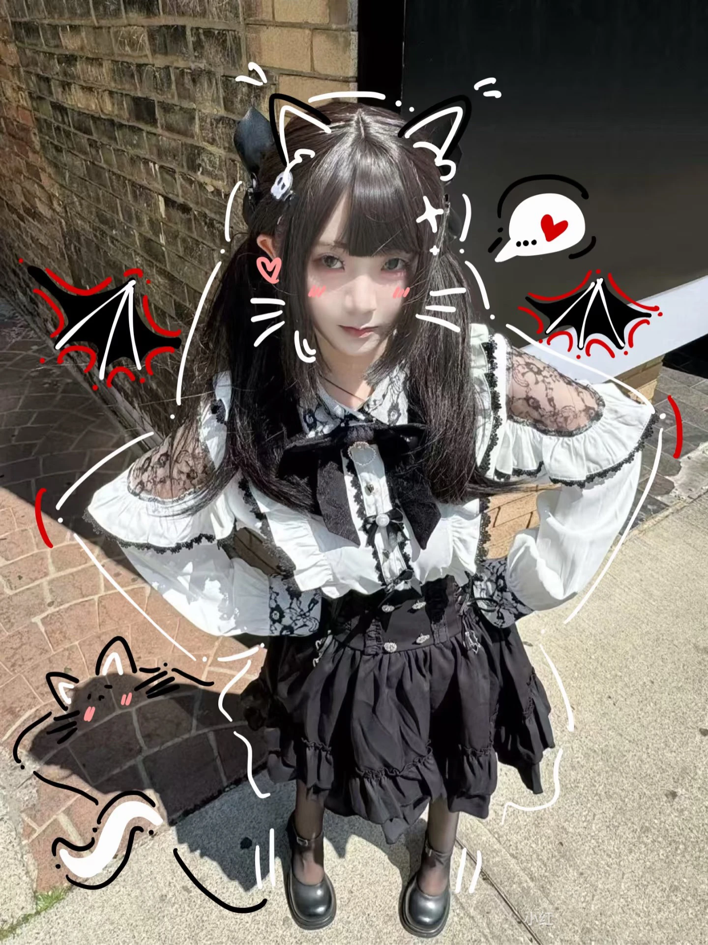 Jirai kei Outfit Kawaii Lolita Blouse Top Girls Long Sleeve white Shirt Black High Waisted Skirt Y2K Sweet Japanese Style Women
