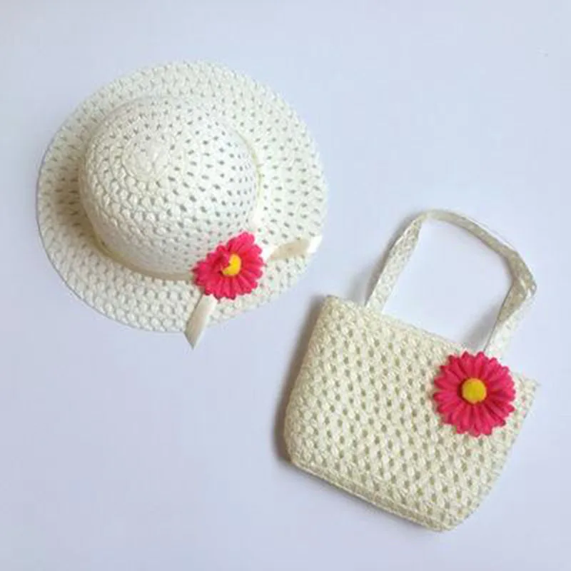 2 Pcs Set Girls Tea Party Straw Sun Hat and Purse Sets Kids Child Birthdays Easter Party Daisy Flower Summer Beach