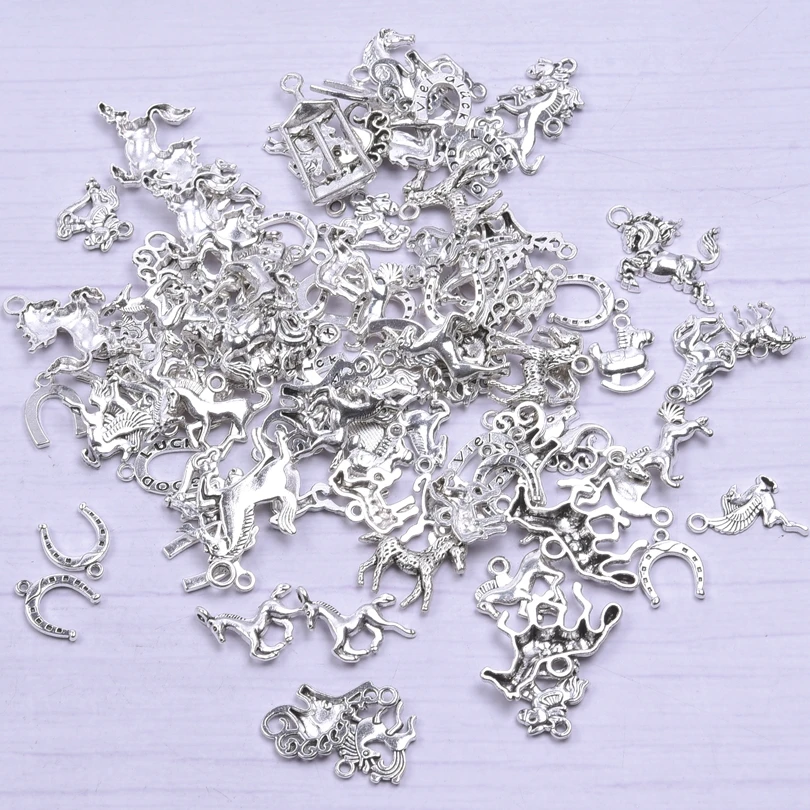 30/50/100pcs Mix Horseshoe Charms Pony Pendant Alloy Horse Head Antique Silver Color Accessories diy Jewelry Making Material