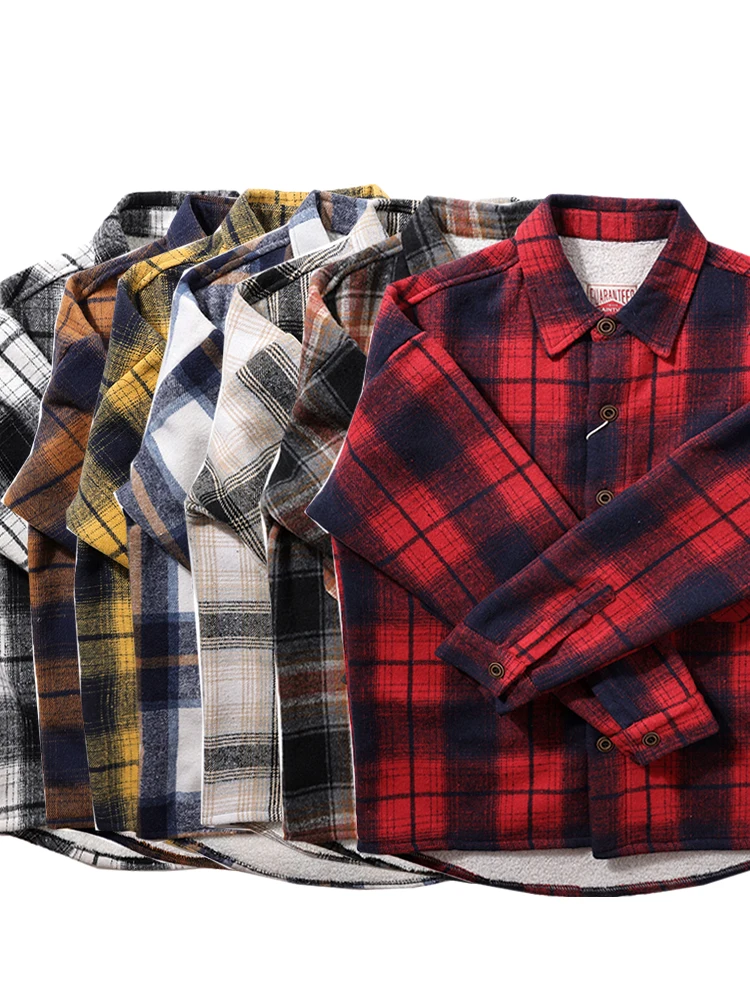 

Retro Japanese Sle Thiened Flannel Fce Lined Plaid Loose Long Sve Men's irt Sle Jaet Trendy Outerwear