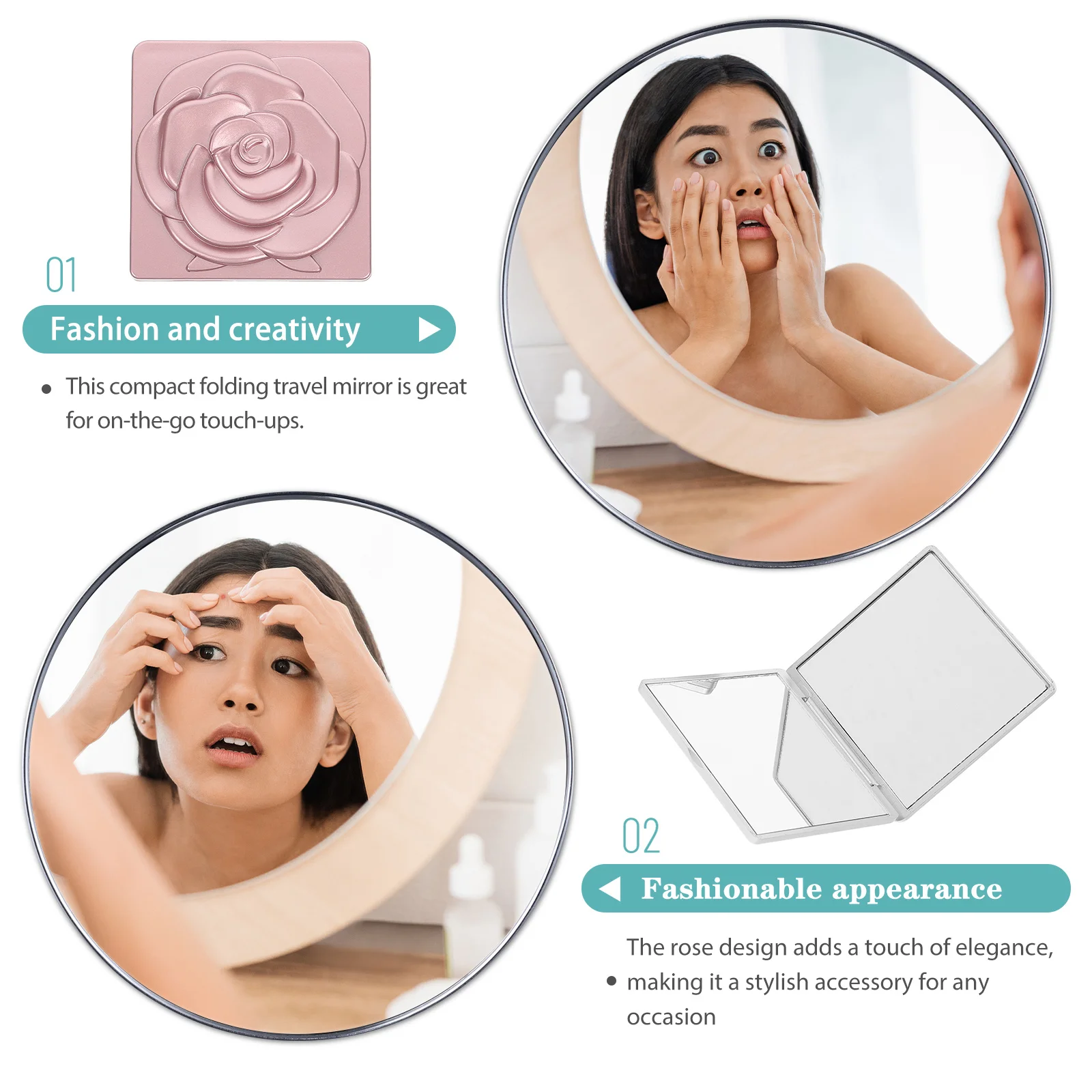 3-teiliger tragbarer kompakter Spiegel für Frauen, stilvoller faltbarer Make-up-Spiegel mit Rosenmuster, kleiner Reise-Waschtisch mit Vergrößerung