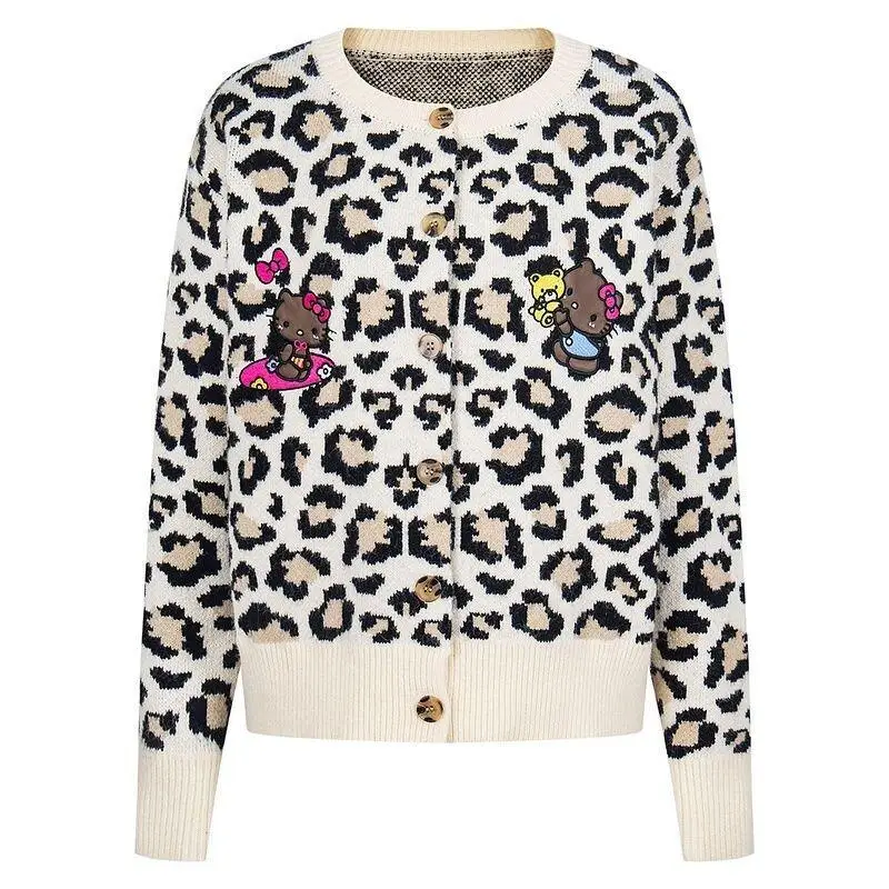 

Kawaii Anime Fashion Casual Embroidered Leopard Print Sweater Cardigan Women's Autumn and Winter Short Knitted Jacket Warm Suit