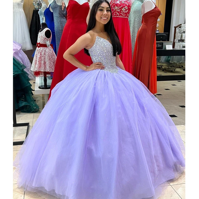 IRIDESCENT Ball Gown Light Purple Lace Up Backless Crystal 15 Year Old Quinceanera Dresses Formal Birthday Princess Prom Party