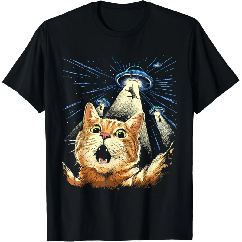 Men's and Women's Sports, Leisure, Fashion, Short Sleeve, Alien, Interesting Invasion, Cat Selfie, UFO Abduction T-shirt, Black