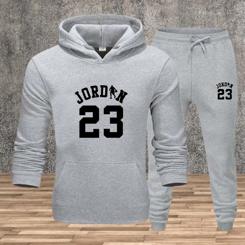 

Men's sportswear set, a two-piece set of printed hooded sweatshirt and stretched-waist trousers, European-style men's clothing