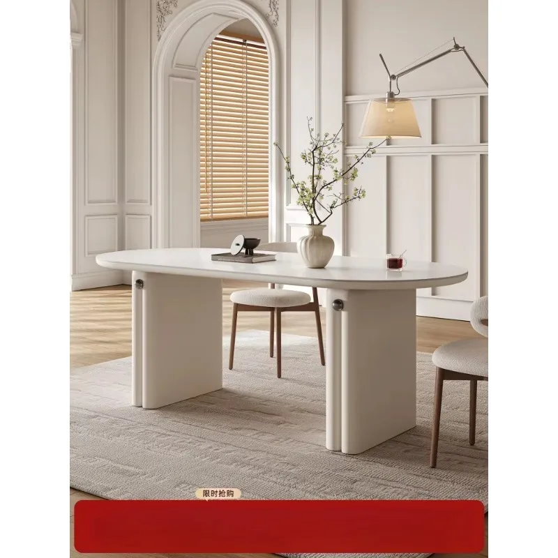 2025 New French Cream Style Oval Rock Slab Dining Table And Chair Set For Small Apartment Home