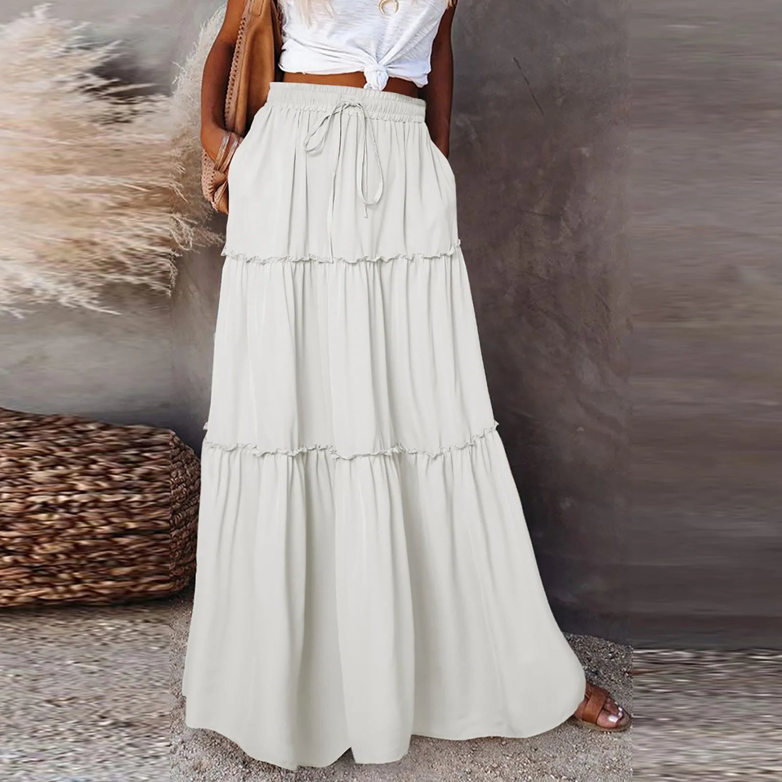 Female Bohemian Style Beach Large Swing Fashion Solid Color Elastic Waist Skirt Loose Casual High Waist Tie Long Pleated Skirt