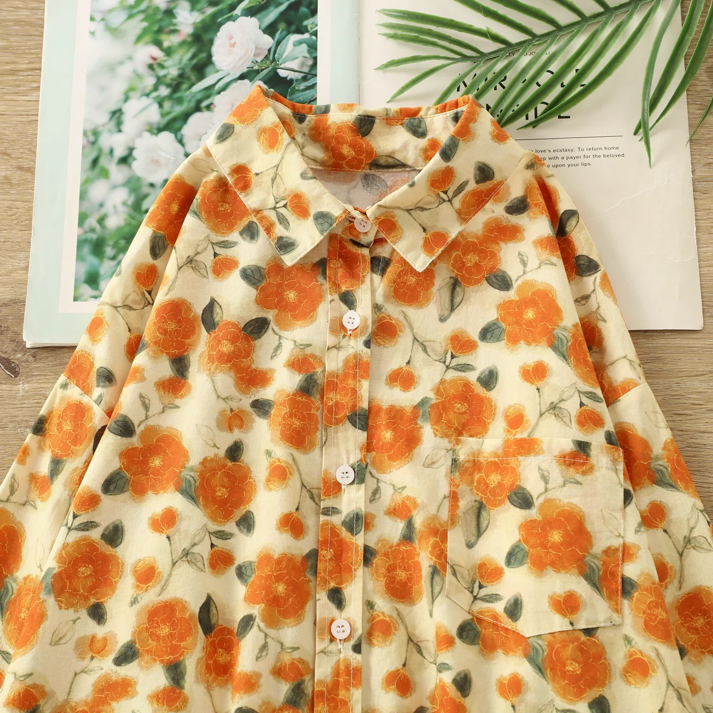 

Japanese style clothes 100% cotton flower oil painting orange shirts and blouses for women autumn long sleeve tops