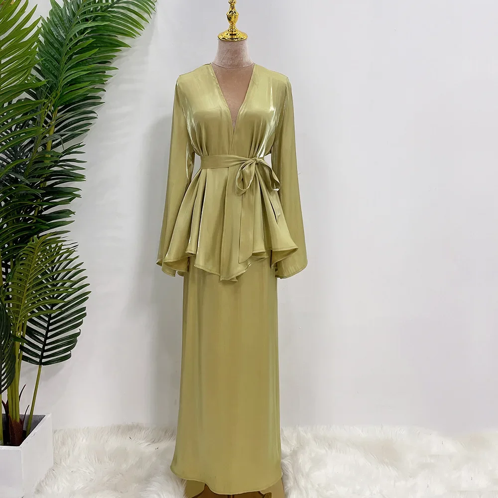 2pcs Fashion Abaya Muslim Women Kimono Long Sleeve Open Tops Skirt Sets Dubai Turkey Arab Gowns Dress Clothing Suit Solid Color