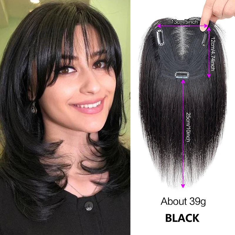 25cm 100% Human Hair 13X12cm Hairnet Bangs Toppers Clip in Hairpieces with 3D Air Bangs Real Hair for Women Straight Fringe