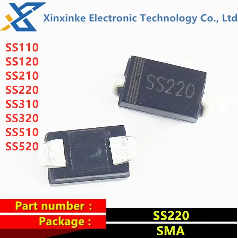 100PCS SMA DO-214AC SMD Schottky Diode SS110 SS120 SS210 SS220 SS310 SS320 SS510 SS520