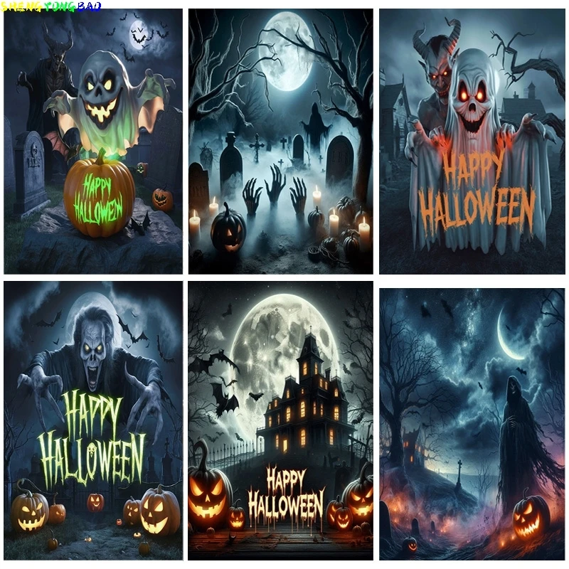 

Happy Halloween Party Backdrop Full Moon Scary Night Castle Graveyard Forest Bats Pumpkin Lantern Photography Background JS-5