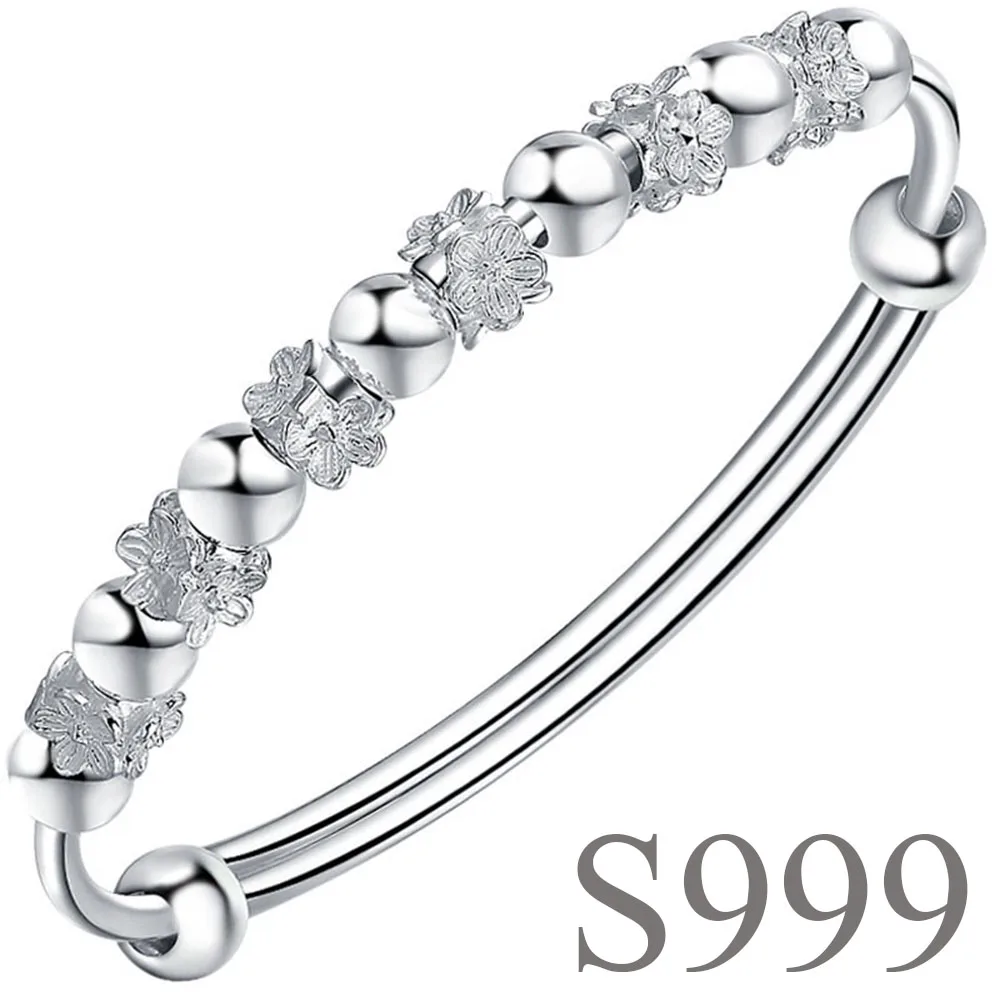 

S999 Creative Flower Bangles Sterling Silver Bracelet Push and Pull 55mm 18g Fashion Flower Solid Round Stick for Women Gifts