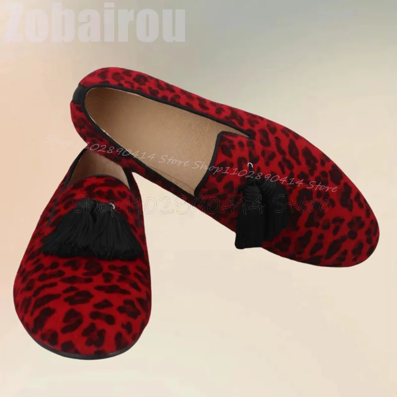 Mocasines de decoración con borlas para hombre, zapatos informales con estampado de leopardo rojo, sin cordones, hechos a mano, lujosos, para fiestas, banquetes y citas