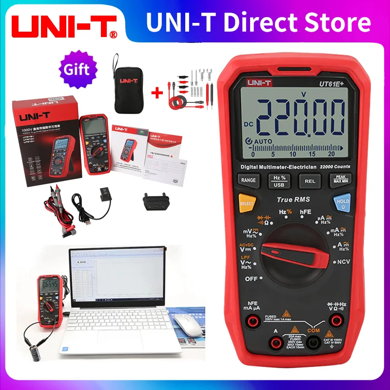 UNI T UT61B + UT61E + UT61D + Unit Penguji Multimeter Digital Profesional Pintar True RMS Rentang Otomatis 6000 Hitungan DC AC 1000V