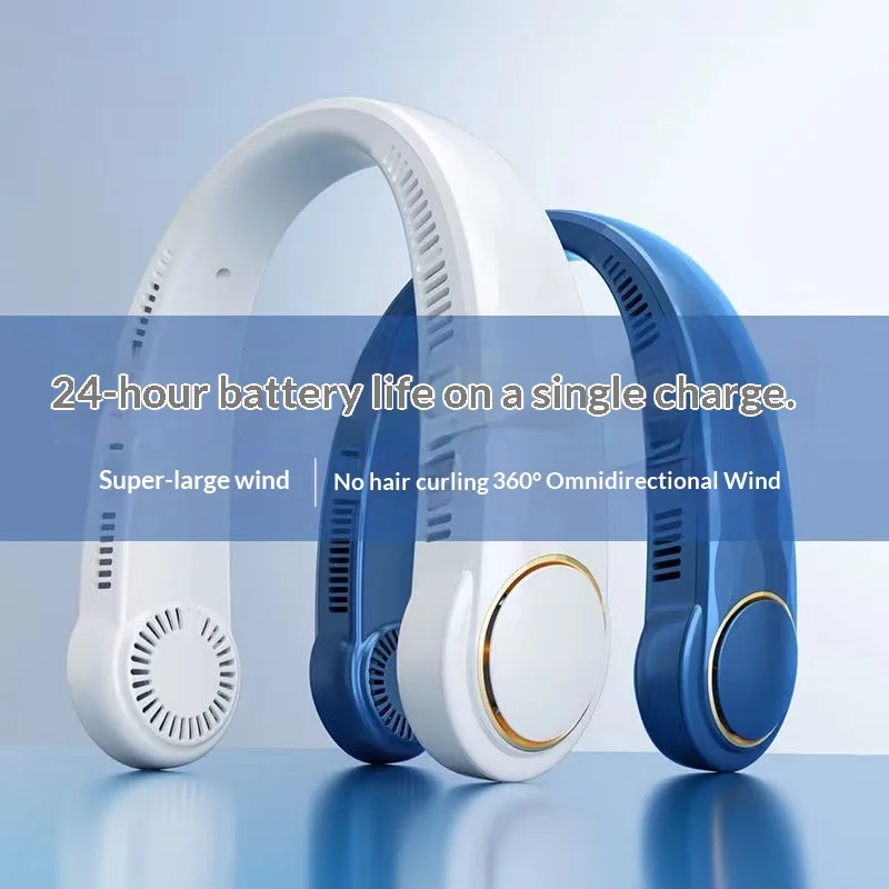 Customized Logo Neck Fan, USB Rechargeable, Ultra-Quiet Bladeless Design, Portable for Outdoor & Student Use