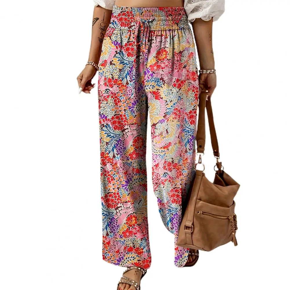 Pantalones holgados con estampado Floral para mujer, pantalones de pierna ancha de cintura alta con bolsillos ajustables con lazo, ropa de calle para trabajo de negocios