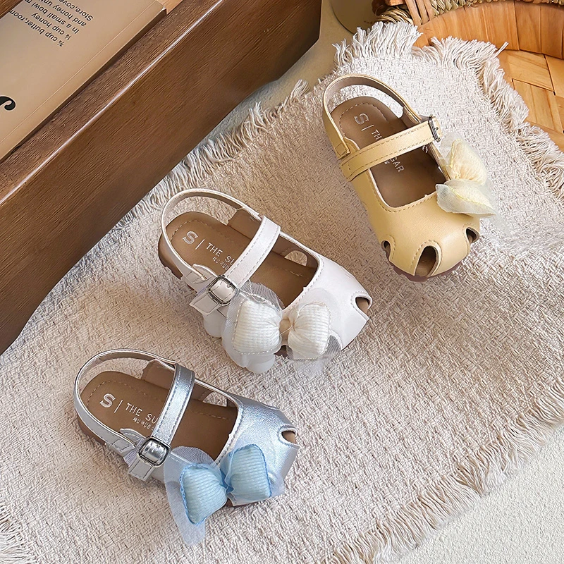 Kids Sandals Sweet Big Bows Girls Cute Beach Shoes Hollowed-out Soft Bottom 2026 Summer New Children Princess Shoes Casual