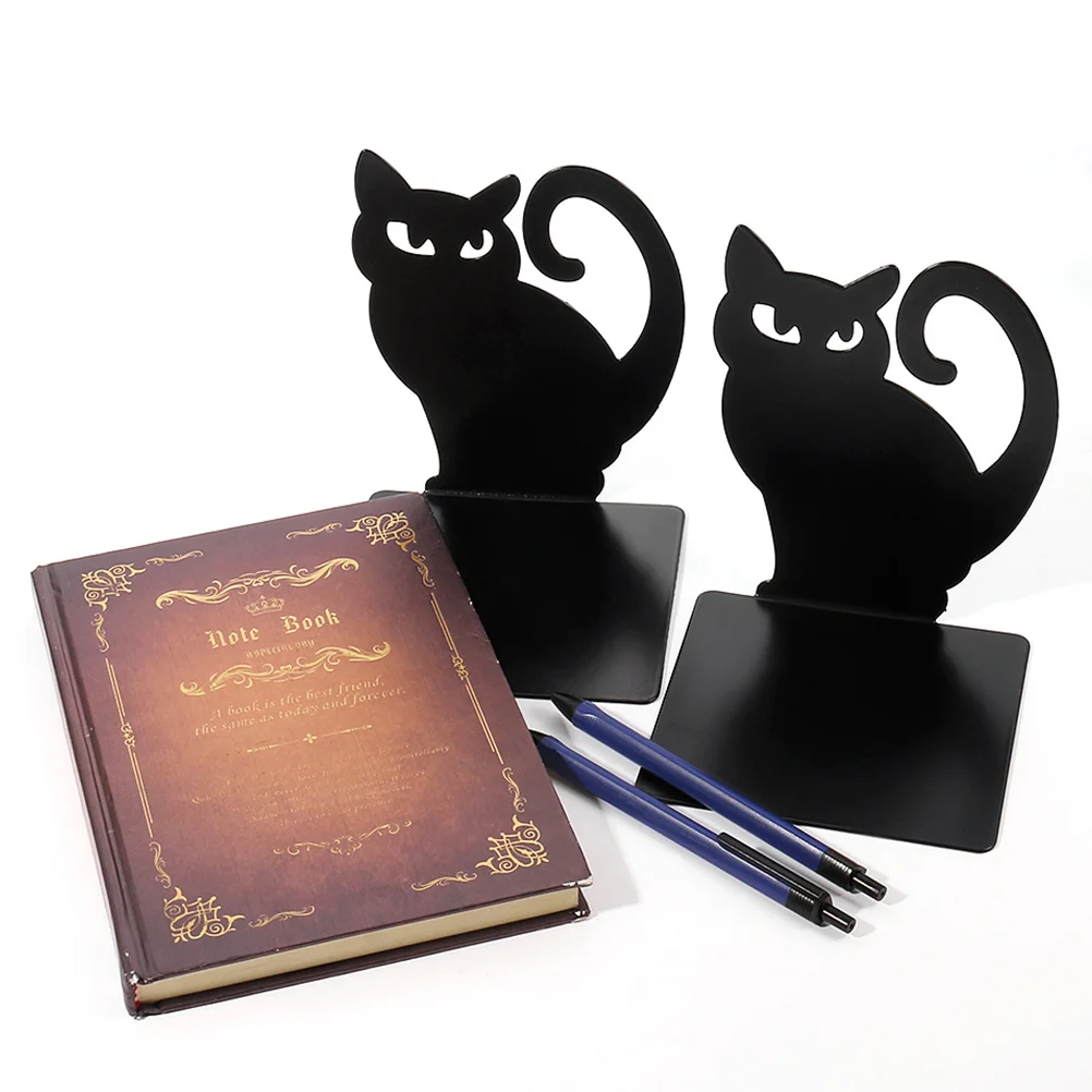 2 Pcs Desktop Black Cat Bookend Cases Holder Iron Animal Bookends Statue Study Holders