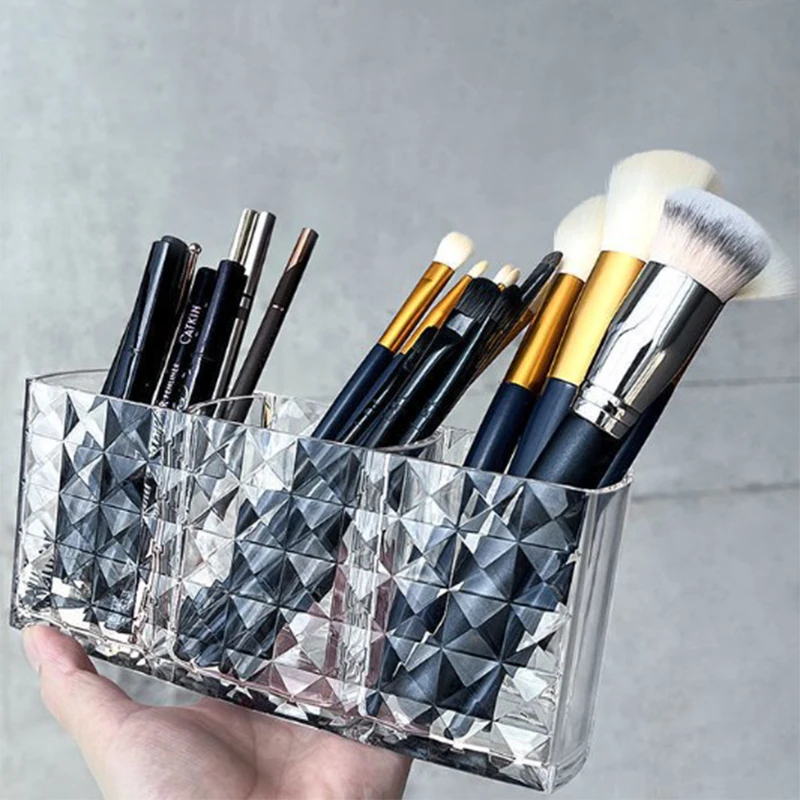 Makeup Brush Eyebrow Pencil Storage Rack Three Compartments Large Capacity Transparent Storage Box Stationery Pen Holder