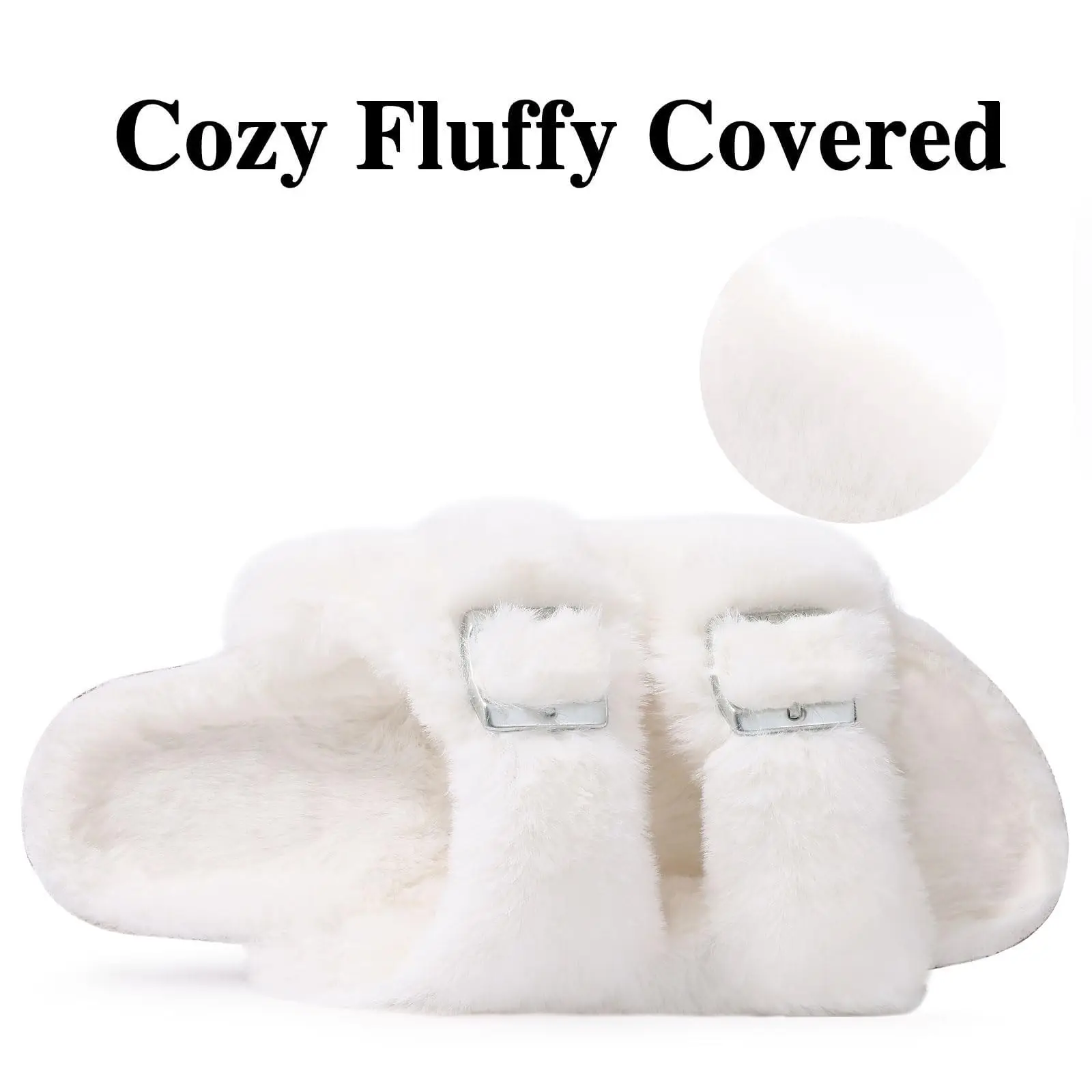 Evshine Pelz-Hausschuhe aus Fuzzy-Kork für Damen, bequeme Fußgewölbeunterstützung, flauschige offene Zehensandalen, modische, verstellbare Schnalle, flache Hausrutschen
