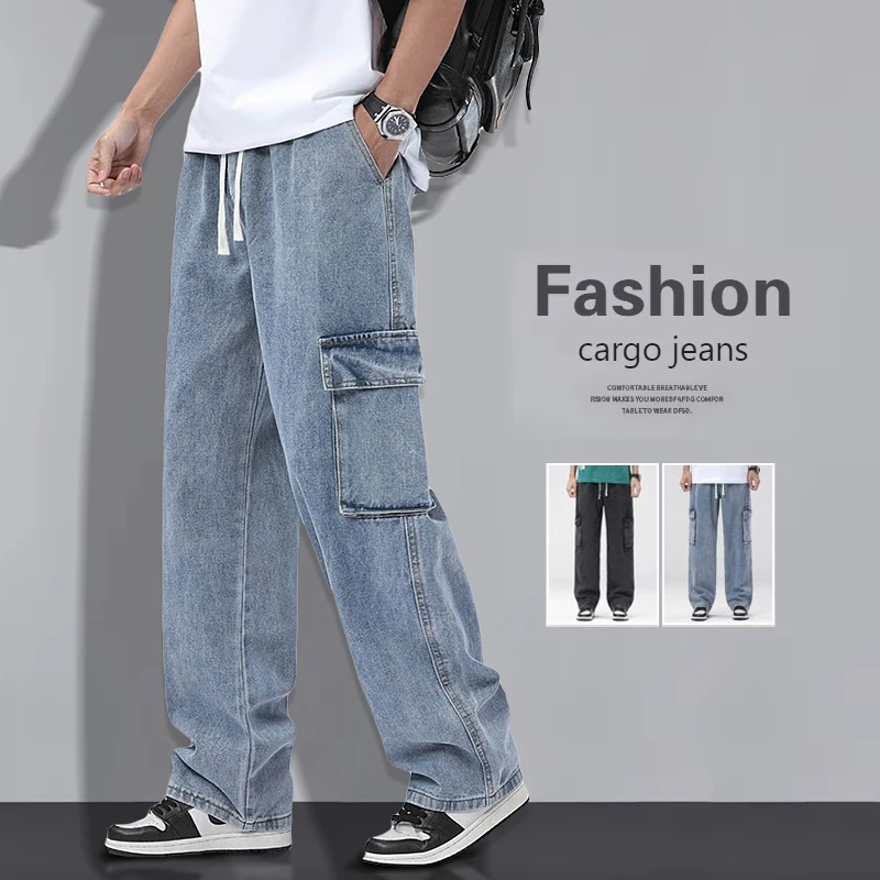 

Men's Baggy Straight Cargo Jeans Elastic Waist Drawstring Casual Pants High Street Fashion Vintage Trousers Male Trendy Brand