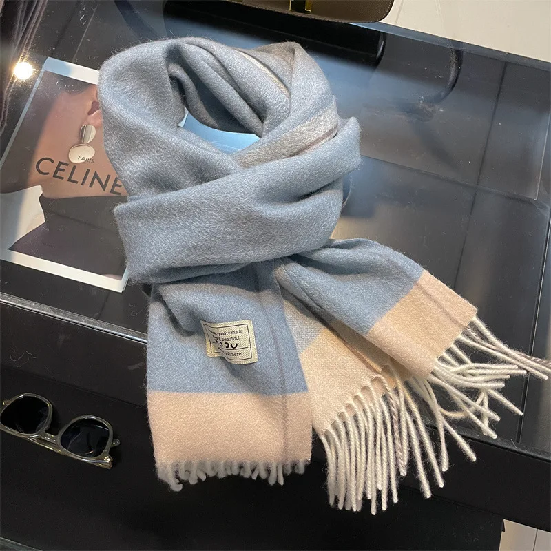 Luxury Simple 100% Cashmere Double Sided Color Block Scarf, Water Ripple Texture Winter Unisex Couple Warm Shawl for Men Women