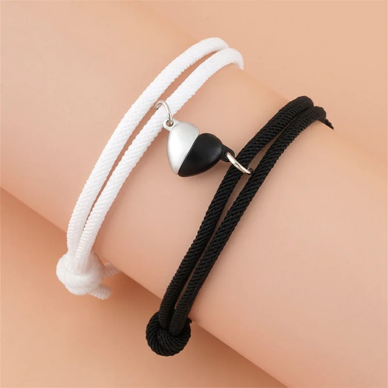 New  Luxury Black  White Love Magnetic Clasp Women Men Lovers Bracelet A Pair Of Simple Girlfriends Heart-Shaped Bracelets