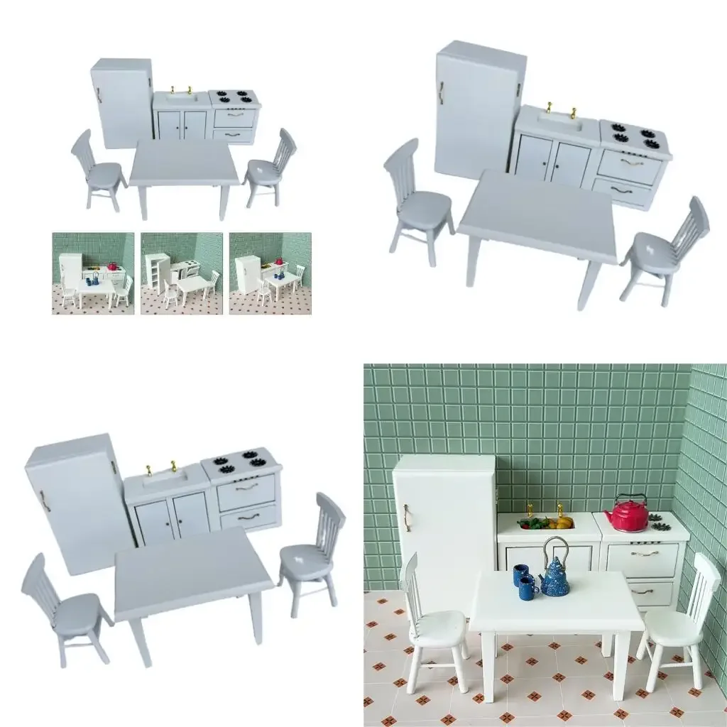 

Collectible 1/12 Dollhouses Kitchen Set With Table and Chair Kitchen Stove Cabinet Set For Creative Pretend Play Decors 15UB