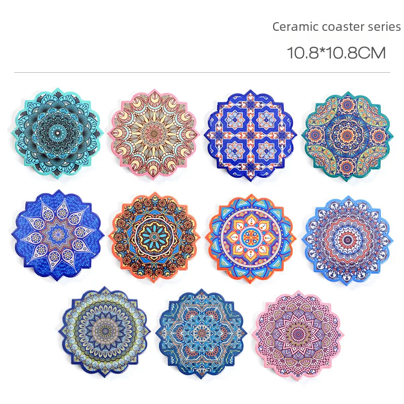 Cross-Border E-Commerce Ceramic Coaster Household Desk Coffee Teacup Mat Heat Proof Mat Mandala Pattern Octagonal Coaster