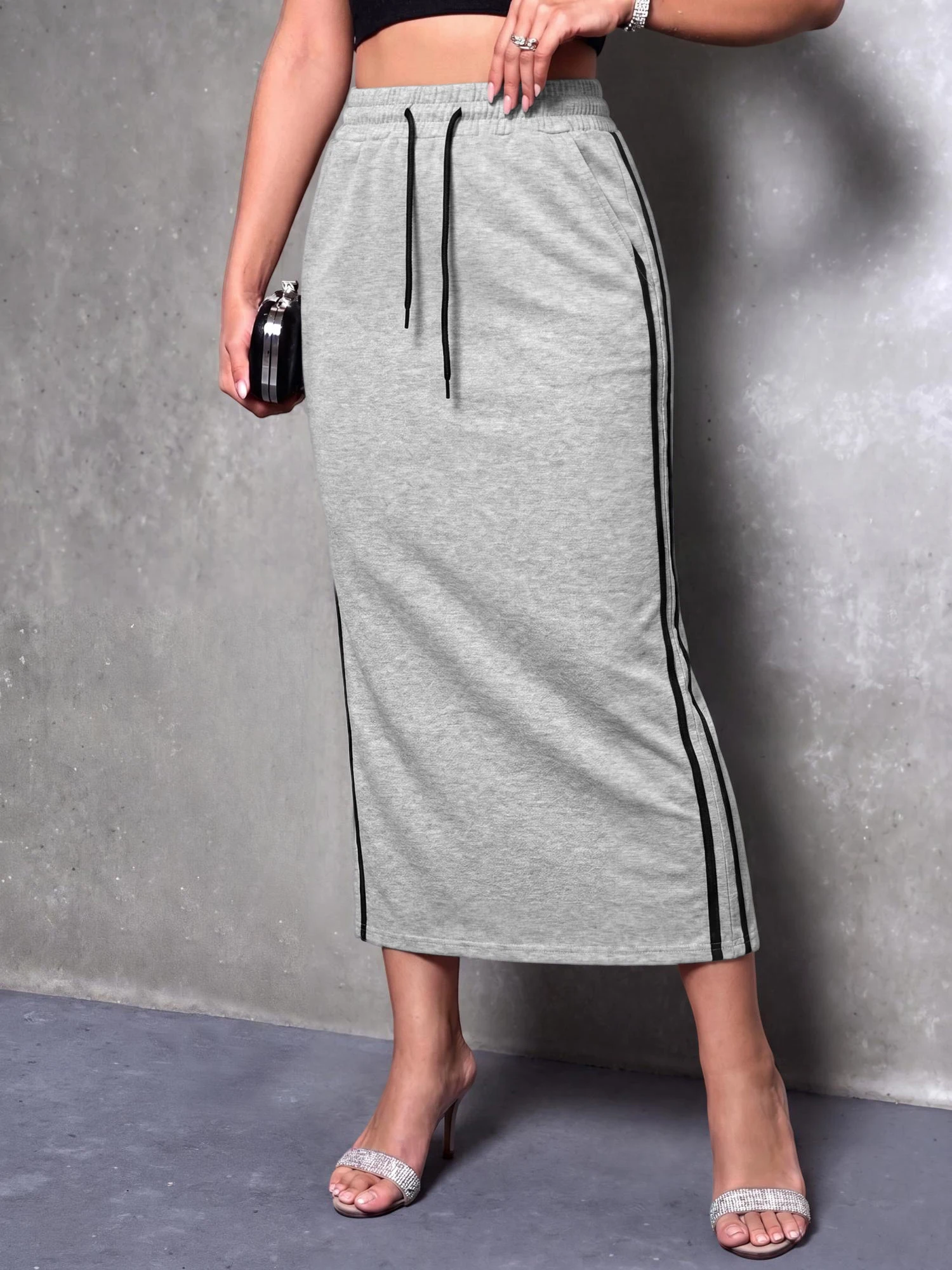 Curvy Fit Soft Sweat Midi Skirt Dual Side Black Stripe Side Slit High Waist Daily Outdoor Long Skirt
