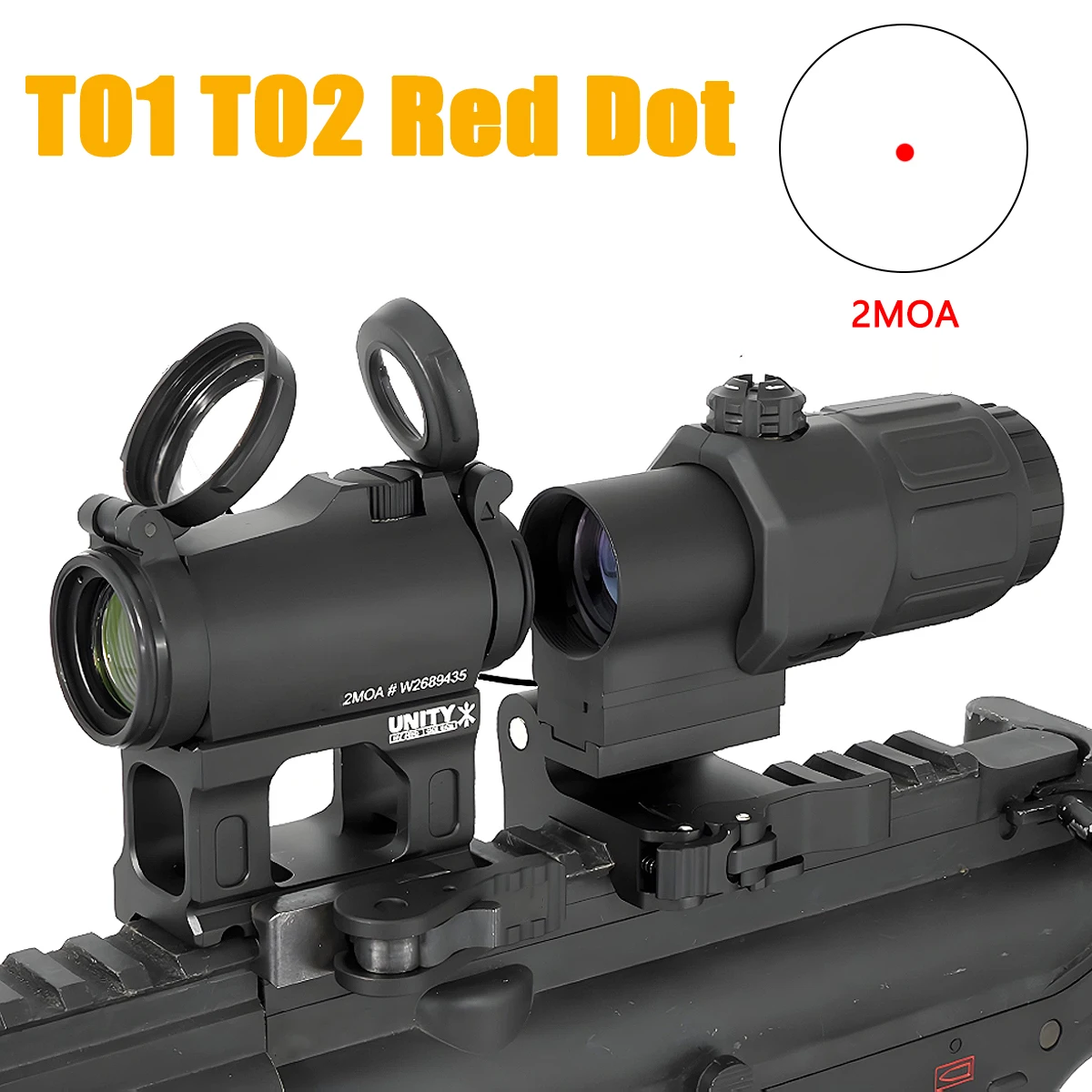 

Tactical T02 2MOA Red Dot Sight 1x22mm Aim T01 Reflex Sight Optics Red Dot Scope with UNITY Riser Mount with Original Marking