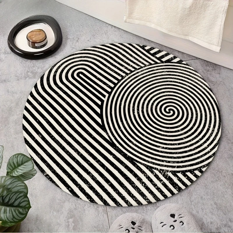 Modern Contrast Swirl Line Circular Rug  Minimalist Monochrome Striped Round Mat Waterproof Bathroom Doormat Home Decor